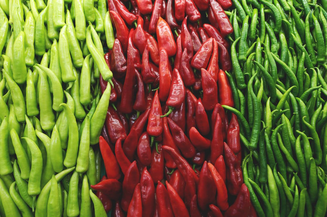 Rows of fresh red and green naga chillies