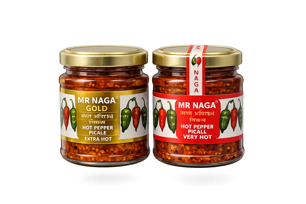Two jars of Mr Naga hot pepper flakes with labels on a white background