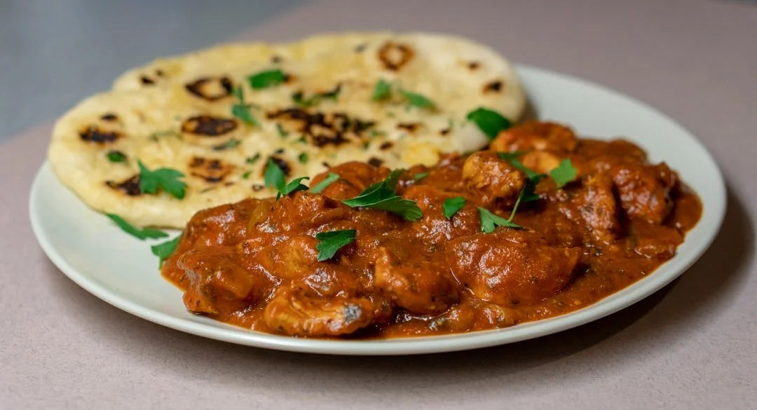 Platter of curry with naan bread on a gray background