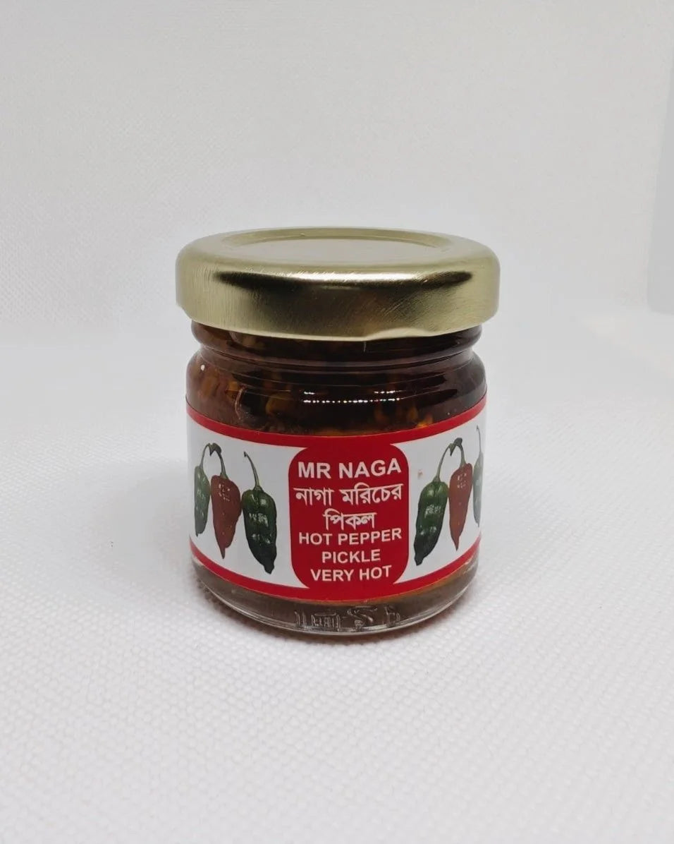 Jar of hot pepper pickle with a red label on a white background