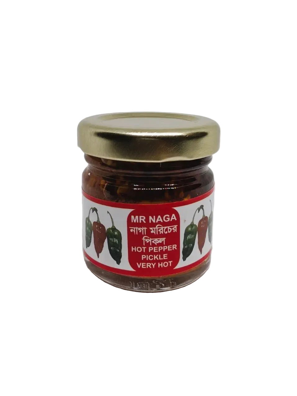 Jar of hot pepper pickle with a red label on a white background