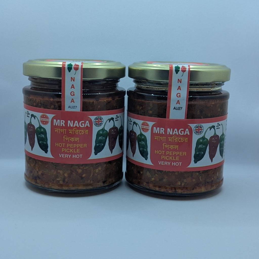 Two jars of Mr Naga hot pepper relish on a white background