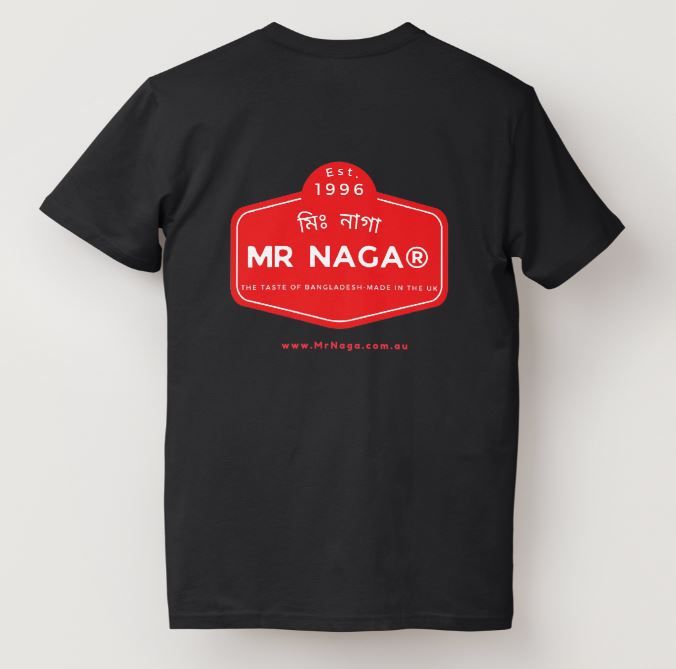 Black t-shirt with red 'MR NAGA' logo on a white background