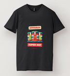 Black t-shirt with colorful graphic and text on a white background