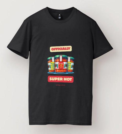 Black t-shirt with colorful graphic and text on a white background