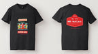 Black t-shirt with colorful text and 'MR NAGA' branding on a white background