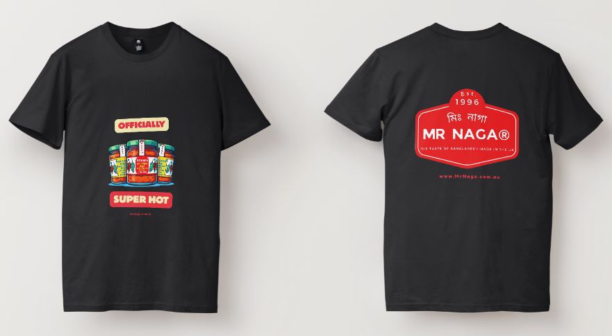 Black t-shirt with colorful text and 'MR NAGA' branding on a white background