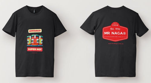 Black t-shirt with colorful text and 'MR NAGA' branding on a white background