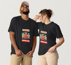 Two people wearing black t-shirts with colorful text and graphics on a plain background